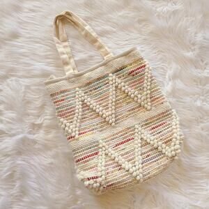 Boho Purse Tote Bag Woven Rainbow Chevron Wool Cotton Cottagecore Cream Beachy